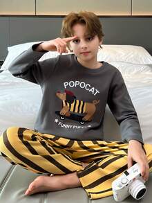 2pcs/Set Tween Boys Cartoon Puppy Print Crew Neck Long Sleeve Striped Autumn Wear, Soft Knit Fabric Children Casual Home Sleepwear - Black - View 3