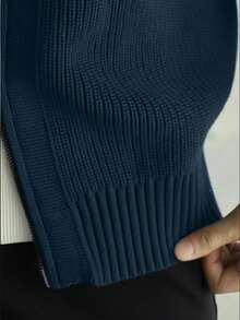 Thick Men's Solid Color Minimalist Casual Long Sleeve Cardigan Sweater - Navy Blue - View 4