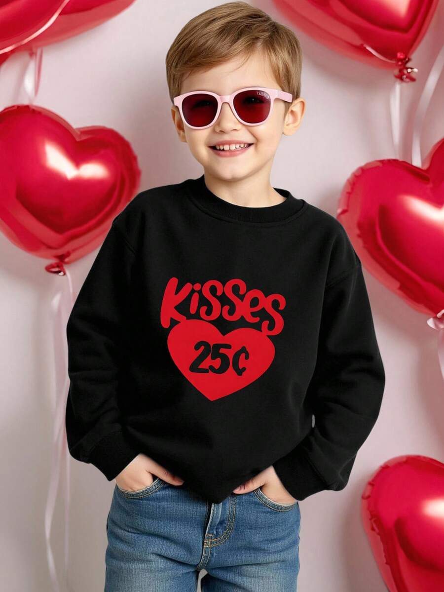 Young Boy Valentine's Day Heart & Letter Print Thermal Lined Crew Neck Sweatshirt - 黑色 - 查看 1