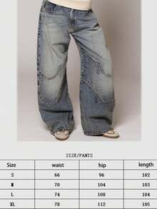 Y2K Low Rise Baggy Jeans For Women, Vintage Wave Patchwork Wide Leg Denim Pants With Knit Waistband, Streetwear Casual Trousers - 水鴨藍 - 查看 6