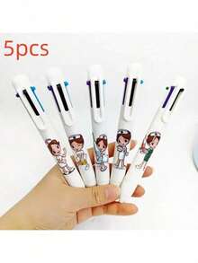 5支装万圣节白色医用彩色笔，医用印花笔，护士节系列按压式礼品笔，万圣节，圣诞节礼物