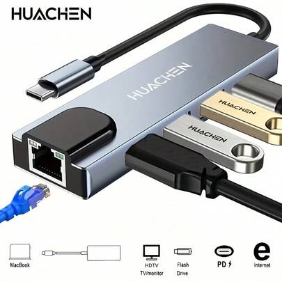 八合一 Type-C 扩展坞 - 4K 高清电视输出、USB 3.0 5Gbps 高速数据传输、SD/TF 卡读卡器、RJ45 以太网端口、PD 100W USB-C 扩展坞，适用于移动硬盘、键盘、鼠标、数码相机、打印机、网络摄像头、SD/TF 卡，兼容 MacBook 和 Windows 笔记本电脑