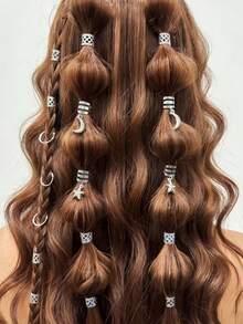 44pcs Stars Moon Combination Fashion Metal Cutout Dreadlock Hair Rings DreadLocks Suitable For Women Girls Holiday Dress Up - Silver - View 1