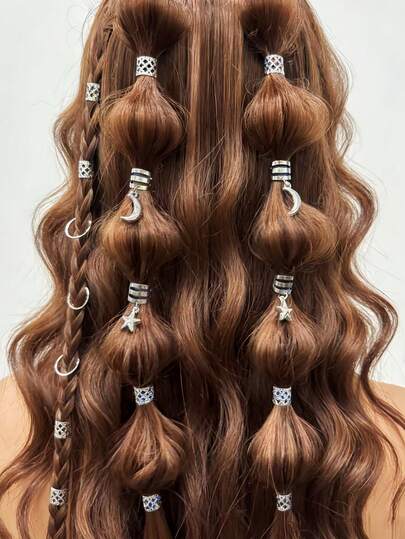 44pcs Stars Moon Combination Fashion Metal Cutout Dreadlock Hair Rings DreadLocks Suitable For Women Girls Holiday Dress Up