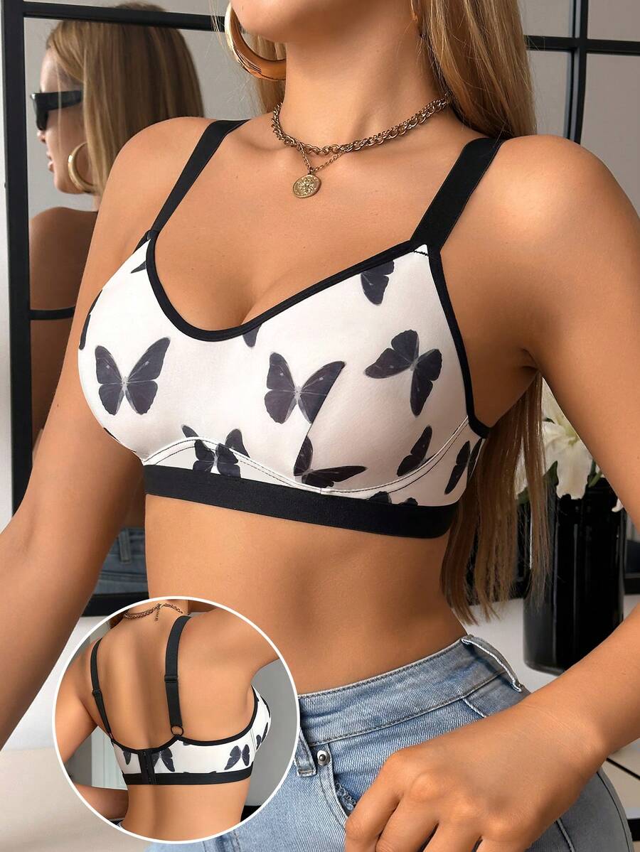 1pc Women's Butterfly Print Comfortable Wireless Bra - White - View 1