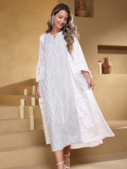 2026 New Style Ramadan Traditional Elegant V-Neck Pocket Dress With All-Over Allover Print Jalabiya Design For Women White Vacation