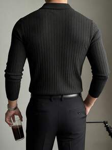 男士纯色竖条纹针织毛衣，简约百搭长袖上衣 - 黑色 - 查看 2
