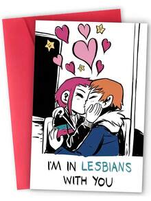 1pc, Unique Valentine's Day Card. LGBTQ Valentine's Card. Adult Valentine's Card. Includes Envelope. Premium Paper. Cartoon Girl Kissing Design. Love Card For LGBTQ. - Multicolor - View 1