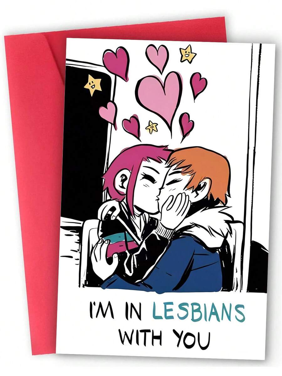 1pc, Unique Valentine's Day Card. LGBTQ Valentine's Card. Adult Valentine's Card. Includes Envelope. Premium Paper. Cartoon Girl Kissing Design. Love Card For LGBTQ. - Multicolor - View 1