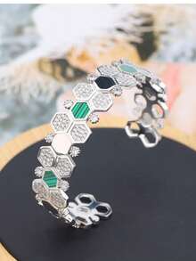 falinne 1pc S925 Sterling Silver Hexagon Honeycomb Adjustable Bangle Bracelet, Elegant Women's Jewelry Gift For Wedding, Engagement, Girlfriend Birthday