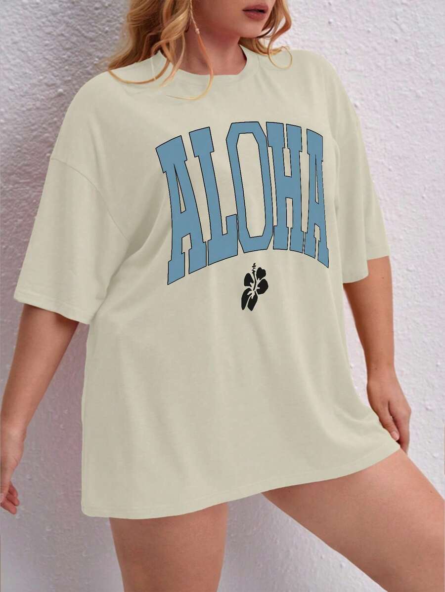 Oversized Printed Aloha Flower T-Shirt, Summer/Spring Short Sleeve Blouse, Lightweight Gym Wear - Cream - View 1