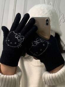 SANRIO 1 件 Hello Kitty 水钻针织手套，可爱卡通设计，冬季保暖防风，灵活方便，适合驾驶、办公室使用 - 彩色 - 查看 3