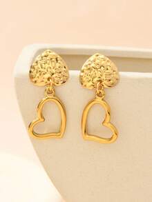 1pair Western Vintage18k Gold Plated Stainless Steel Heart Shaped Piercings Valentines Earrings Jewelry Women ,Dangle Stud Earrings Women ,Valentine's Day ,Wedding ,Mother's Day, Gifts For Women,Mon Suitable For Wear With Daily Outfits And Mardi Gras Party Accessories - Gold - View 4