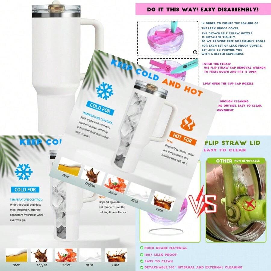 40 Oz Tumbler With Handle Quenchers ProTour Detachable Flip Straw Lid TumblerVacuum Insulated Tumblers With Top Leak Proof Lids And Flip Straw Reusable Insulated Cup Cream White 40 Oz - Màu be - Xem 1