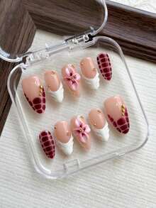 10pcs Almond Handmade Press On Nails, White Embossed French Tips, 3D Flower Carving, Snake Hand-Painted Design, 3D Gold Beads, Simple And Elegant Handmade False Nails, Suitable For Girls And Ladies' Daily, Holiday, Vacation, And School Nail Decorations, Comes With Jelly Gel And Nail File - Multicolor - View 2