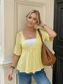 Áo khoác cardigan dệt kim dáng rộng, khoét lỗ, buộc dây, kiểu dáng tối giản cho nữ mùa hè, cổ thấp, tay ngắn, chất liệu lưới móc nhẹ, chống nắng. - Màu vàng - Xem 4