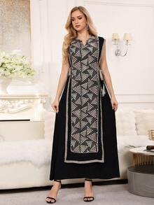 2026 New Style Ramadan Traditional Elegant Sleeveless V-Neck Dress With Embroidery, Silver Sequins, Tassels And Tie For Arabian Women - Black - View 7