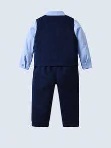 BOARNSEORL Bộ vest 3 món cho bé trai: Áo sơ mi xanh có nơ, áo vest xanh navy và quần dài, thời trang &, thích hợp cho tiệc sinh nhật, đám cưới, cậu bé hầu bàn, dịp lễ trang trọng - Màu xanh hải quân - Xem 4