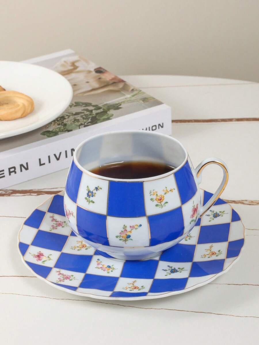 1pc Compact Coffee Cup And Saucer Set, Exquisite Plaid Pattern Couple Cups, Suitable For Home, Club, Cafe, Office - Multicolor - View 1
