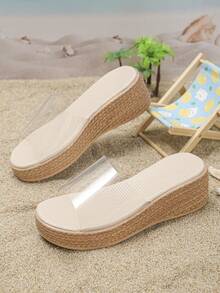 1 Pair Girls' Summer Sandals, Fashionable Minimalist Slip-On Beach Vacation Platform Wedge Slip-On Slides - Clear - View 4