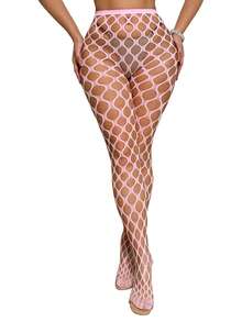 Women's Large-Grid Sheer Pantyhose, High-Waisted Sexy Net Stockings, Fashionable And Unique See-Through Leg Beauty Stockings, Retro Tattoo Lace Sheer Net Stockings - 彩色 - 查看 11