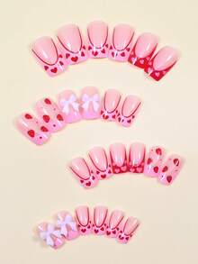 24片装短方形情人节红色心形草莓图案美甲贴片，亚克力假指甲，适合日常佩戴的美甲用品 - 彩色 - 查看 4