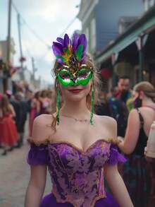 1件装女士化妆舞会面具，带人造羽毛，适合各种派对服装和配饰 - 綠色 - 查看 2