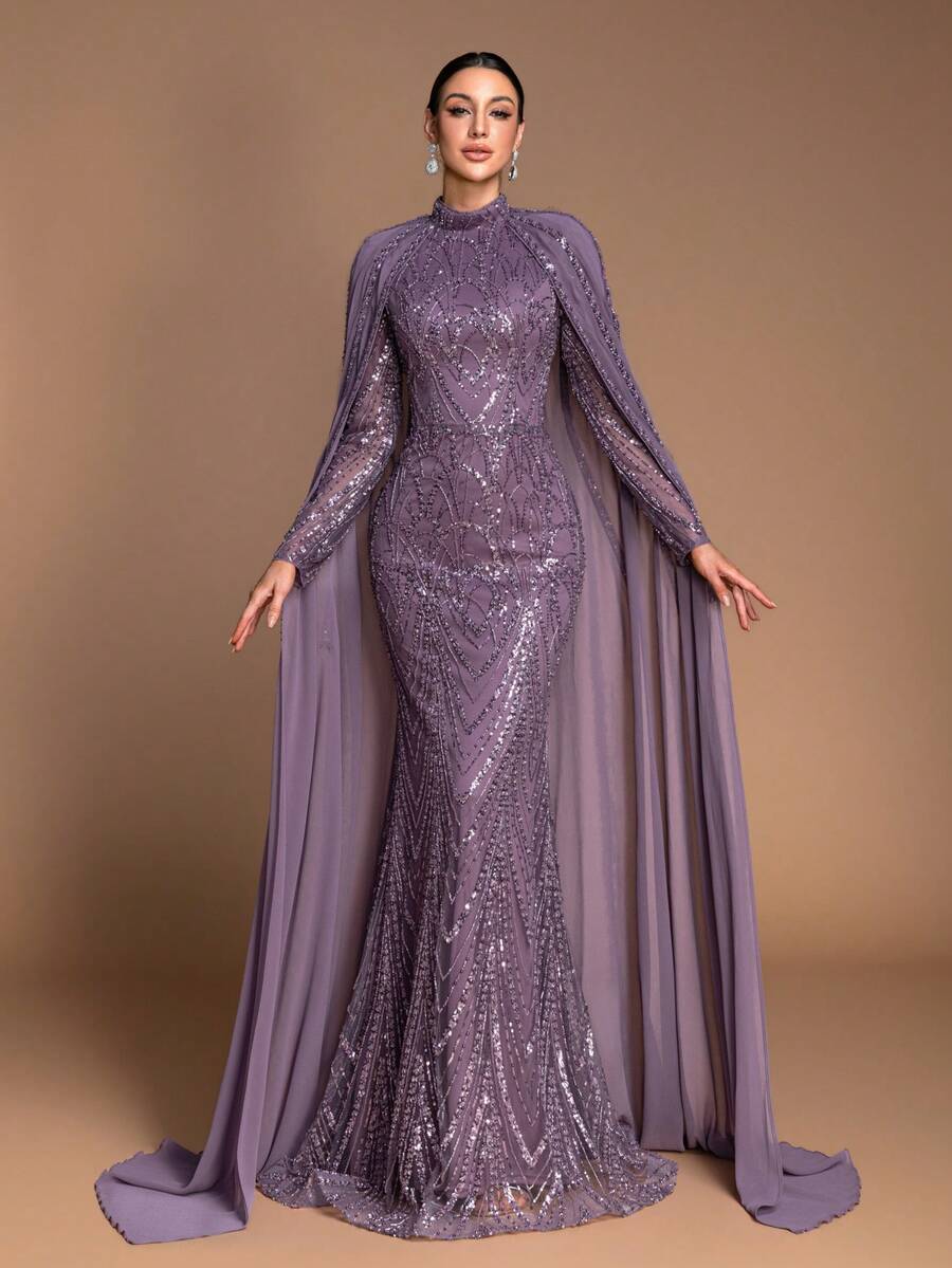 Women's Heavily Beaded & Sequined Stand Collar Long Sleeve Cape Dress, Luxury Wedding, Formal Evening Gala, Prom, Awards Ceremony, Corporate Party Gown, High-End Elegant Party Dress - 深紫色 - 查看 1