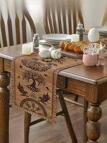 维京生命之树与渡鸦头盔桌旗 - 北欧神话设计，饰有十字架、箭矢和五角星图案，涤纶长方形桌布装饰，适合季节性厨房和家庭聚会装饰 - 彩色 - 查看 7