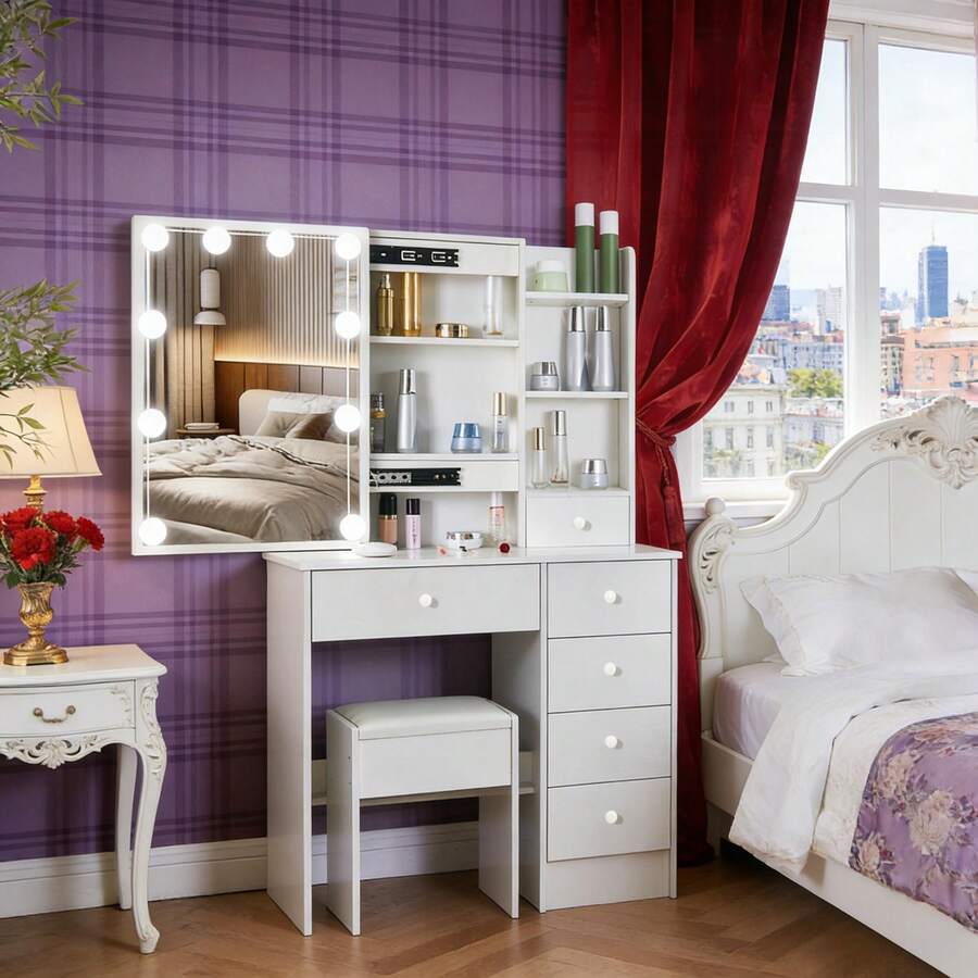 White Dressing Table LED Vanity Stool Set Makeup Desk W/ Mirror 10 Light &Drawer - 白色 - 查看 1