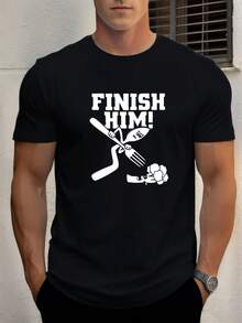 änner ;HIM!Grafisches Freizeit--Shirt - Sommerliches Kurzarm-Rundhals--Shirt mit gekreuztem Gabel-Design; Messer-Design.Normale Passform für Freizeitkleidung.Bequemes Passform-Shirt - Schwarz - Übersicht 1