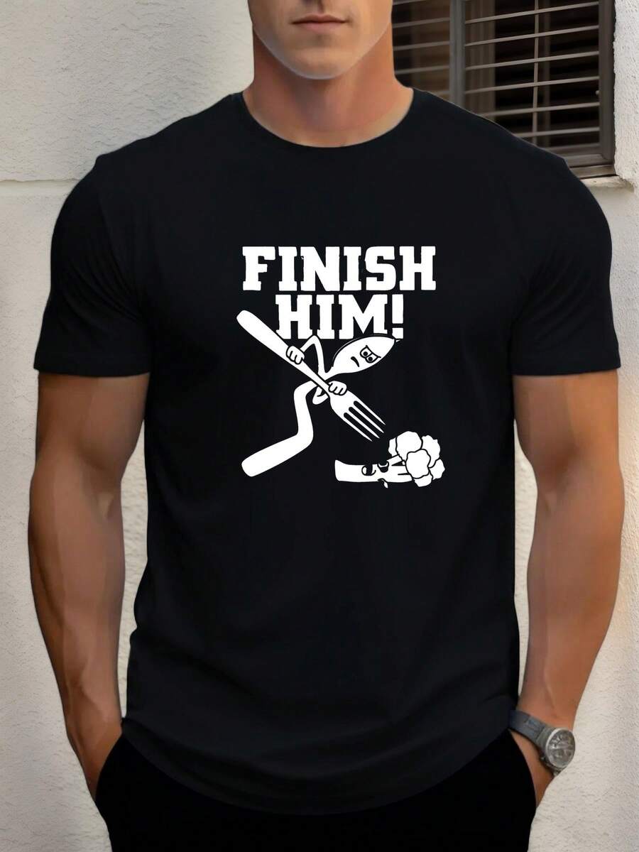 änner ;HIM!Grafisches Freizeit--Shirt - Sommerliches Kurzarm-Rundhals--Shirt mit gekreuztem Gabel-Design; Messer-Design.Normale Passform für Freizeitkleidung.Bequemes Passform-Shirt - Schwarz - Übersicht 1