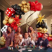 117件套赌场主题气球拱门套装，包含骰子、皇冠和爆炸星铝箔气球，以及黑色、红色和金色乳胶气球。非常适合生日派对、周年纪念、游戏装饰、皇家赌场装饰和拉斯维加斯主题派对装饰。 - 彩色 - 查看 5