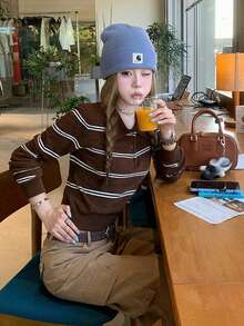 Y6Y 2025新款秋冬棕色条纹Polo针织衫，撞色长袖套头衫，女士