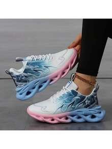 Unisex Lightweight Casual Sports Shoes For Women, Soft Bottom Shock Absorbing Running Shoes, Color Patchwork Lace-Up Front, Mesh Thick Sole Chunky Sneakers - Blue - View 15