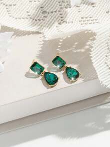 一对波西米亚风合金镶钻耳环，精致奢华优雅，流行百搭耳环 - 綠色 - 查看 2