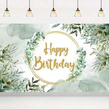 1pc Happy Birthday Backdrop With Green Leaves And Succulent Eucalyptus Leaves, Indoor/Outdoor Seasonal Decor, No Electricity Required - Multicolor - View 3