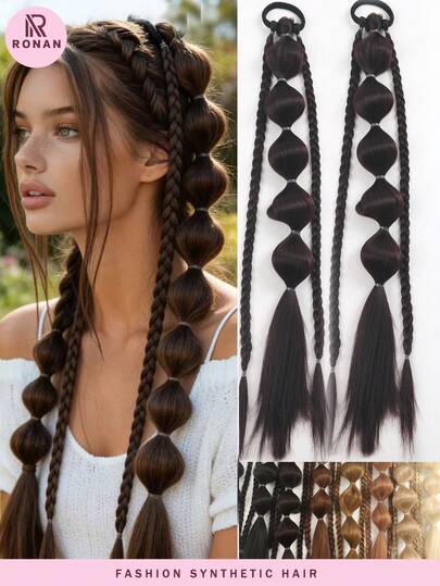 2 Pcs 18-Inch Handmade Fishbone Braid Ponytail With Elastic Bands, Suitable For Women
