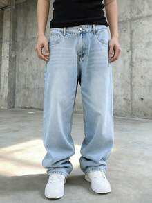 男士宽松嘻哈牛仔裤阔腿牛仔裤休闲宽松长裤街头风多色男士长裤 - 淺色水洗藍 - 查看 3