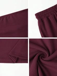 Vaiaye 两件套秋季套装，包括修身性感露肩短款上衣和弹力纯色修身瑜伽抹胸上衣，以及春夏裤装。 - 紫紅色 - 查看 10