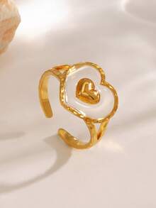 1 pièce Bague minimaliste en acier inoxydable plaqué or 18 carats à double couche en forme de cœur, convient pour le port quotidien des femmes, les rendez-vous, cadeau de la Saint-Valentin - Multicolore - Voir 4