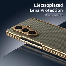 电镀材质仿皮全包覆保护手机壳，兼容三星 Galaxy Z Fold 7 6 5 4 Fold7 Fold6 Fold5 Fold4，带钢化玻璃屏幕保护膜。 - 棕灰色 - 查看 3