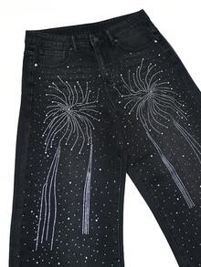 男士水钻装饰阔腿牛仔裤，街头时尚 - 黑色 - 查看 3