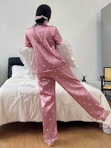 Dreamivo Valentine's Day Heart Print Short Sleeve & Pants Women Pajama Set - Dusty Pink - View 2
