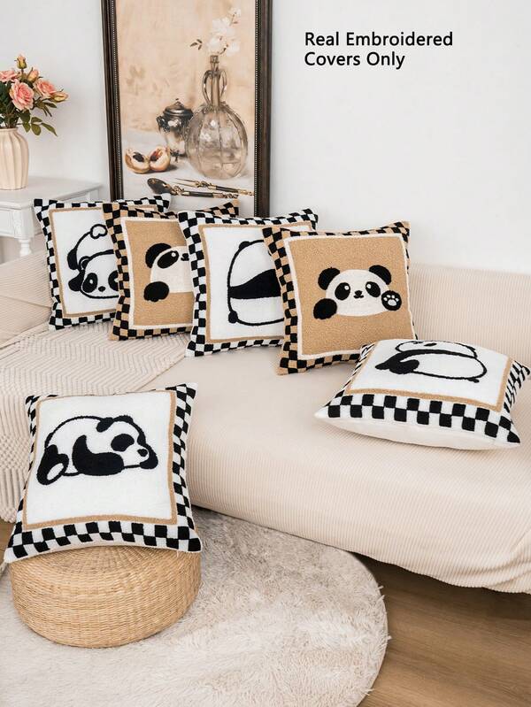 1pc Panda Pattern Pillow Cover, Soft & Cute Teddy Plush Fabric Embroidered Cushion Cover, Without Pillow Insert, Home Decor,17.7inch*17.7inch