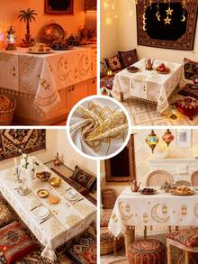 1pc Bohemian Beige Rectangular Tablecloth With Gold Moon, Geometric Patterns, Stars & Lantern Prints, Beige Tassel Decor, Washable, For Dining Table, Coffee Table, Round Table, Home Decor, Suitable For Family Kitchen, Dining Room, Party, Dinner, Arabic Style Holiday Decoration, Gift - Beige - View 3