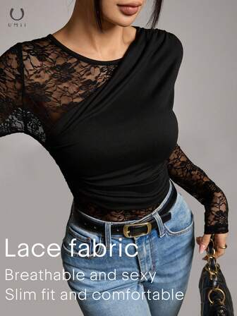 U MII New French Style Women's Blouse, Sexy Lace Patchwork Ruffle Design, Romantic Black Sheer Long Sleeve Slim Fit Top, Elegant Feminine Style