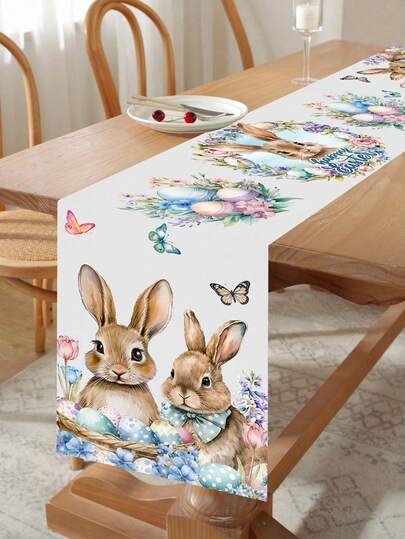 1pc Easter Bunny Pattern Table Runner, 180*35cm Polyester Tablecloth, Happy Easter Tablecloth Decorated With Rabbits, Easter Eggs And Fresh Flowers, Easter Party Supplies, Holiday Party Decor, Easter Home Decor, Spring Party Essentials, Easter Party Table Centerpiece, Home Decor, Kitchen Decor, Easter Gift, Easter Party Favor, Easter Decoration, Easter Holiday Decorative Items