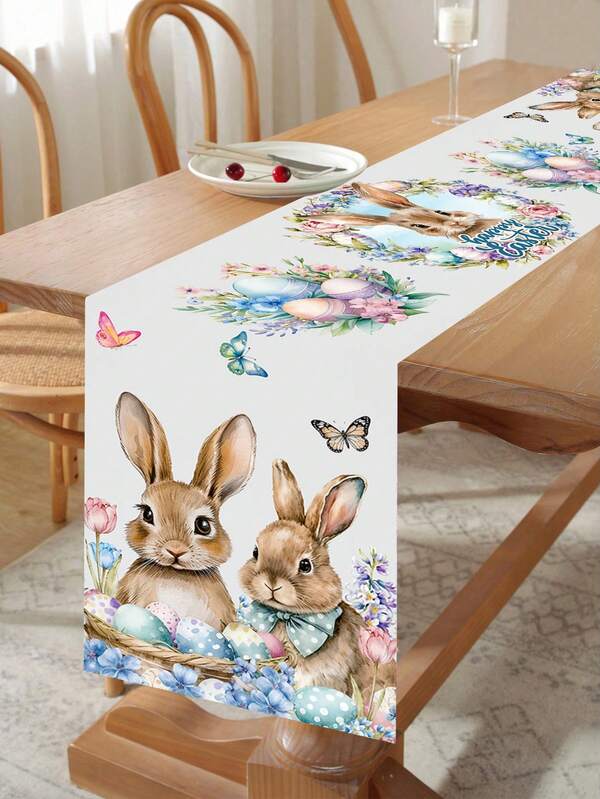 1pc Easter Bunny Pattern Table Runner, 180*35cm Polyester Tablecloth, Happy Easter Tablecloth Decorated With Rabbits, Easter Eggs And Fresh Flowers, Easter Party Supplies, Holiday Party Decor, Easter Home Decor, Spring Party Essentials, Easter Party Table Centerpiece, Home Decor, Kitchen Decor, Easter Gift, Easter Party Favor, Easter Decoration, Easter Holiday Decorative Items