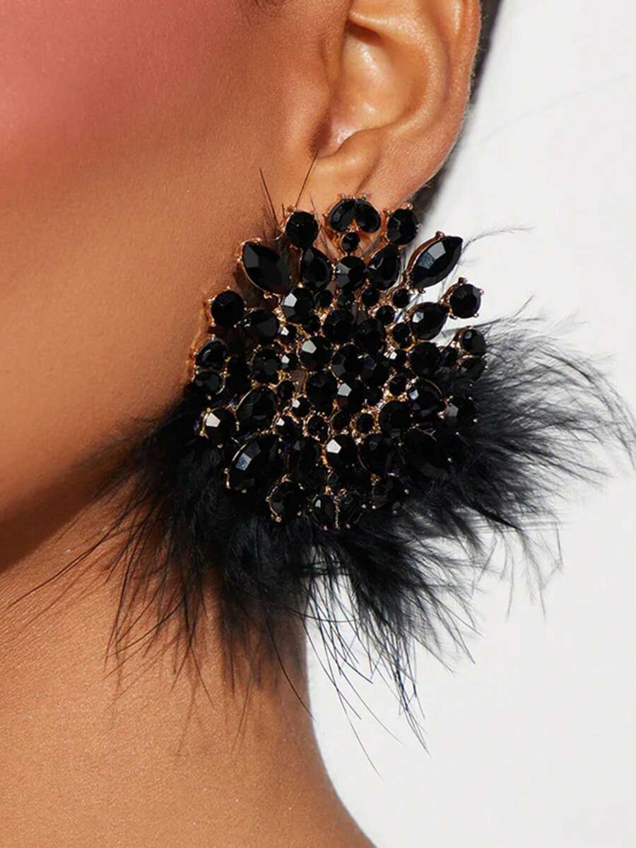 两件套几何羽毛耳环，镶嵌水钻，时尚百搭的女士珠宝配饰 - 金色 - 查看 1